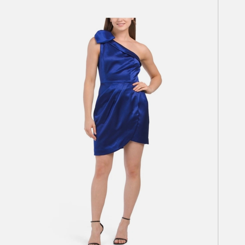 Aidan Mattox Blue One Shoulder Satin Bow Dress Size 8 NWT